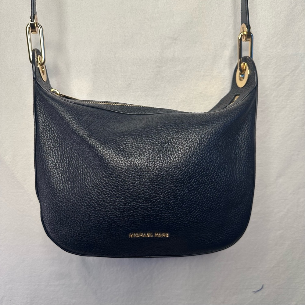 Michael Kors Raven Medium Messenger bag Purse, Navy Blue Pebbled Leather Gold